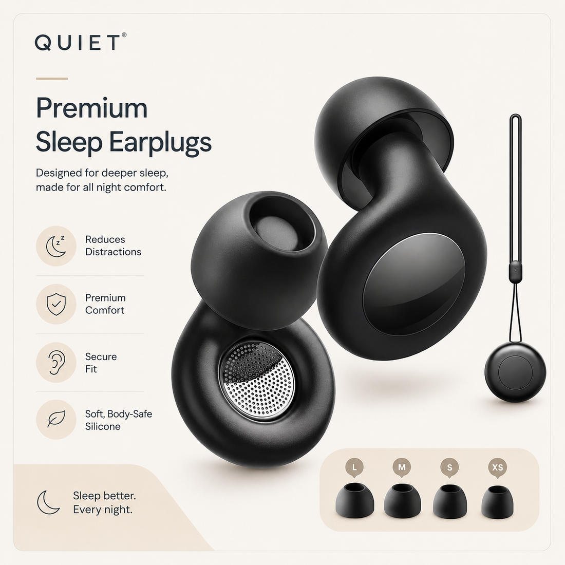 Quiet Premium Sleep Earplugs — features: reduces distractions, premium comfort, secure fit, soft body-safe silicone