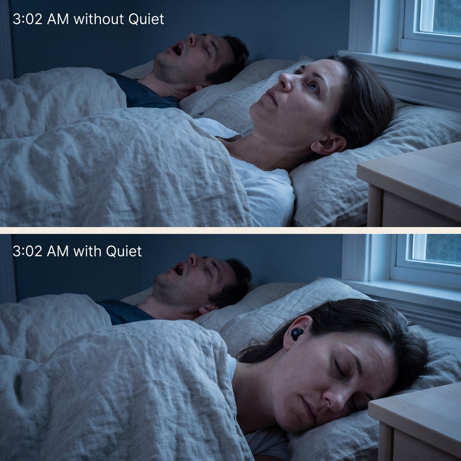 The same 3 a.m. with and without Quiet, she sleeps through the snoring