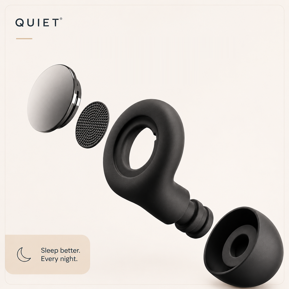 Quiet earplug exploded view — soft silicone tip, ring body, metal filter disc and mesh