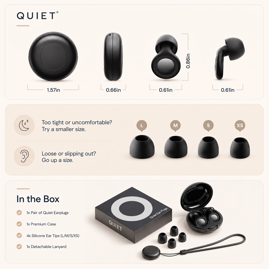 Quiet earplug dimensions, tip size guide (XS-L) and what's in the box