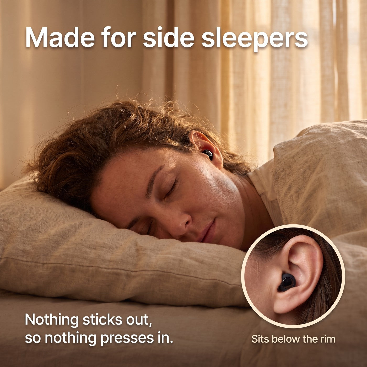 Side sleeper asleep on the pillow with the earplug sitting below the ear rim