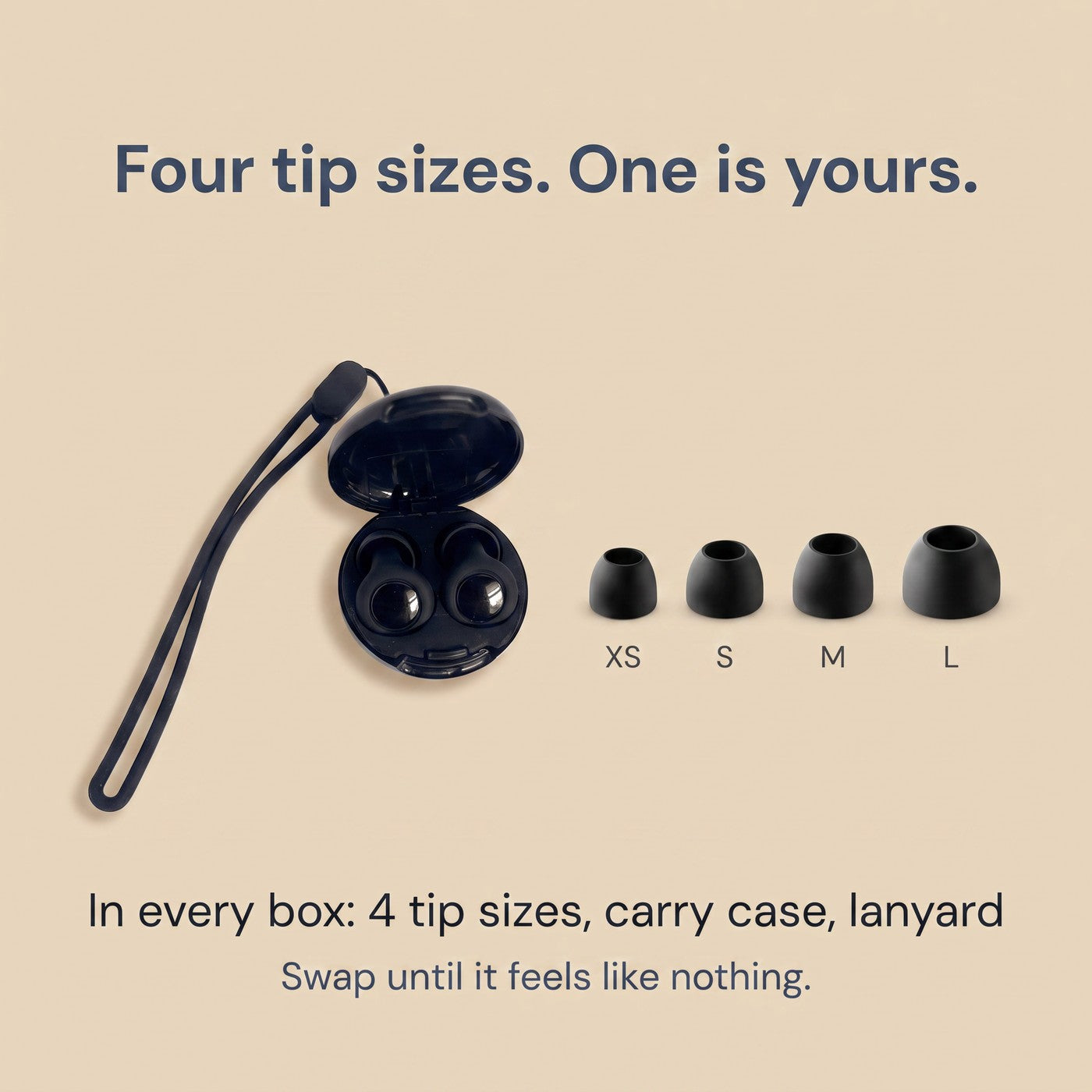 Everything in the box - four silicone tip sizes XS to L with the carry case and lanyard