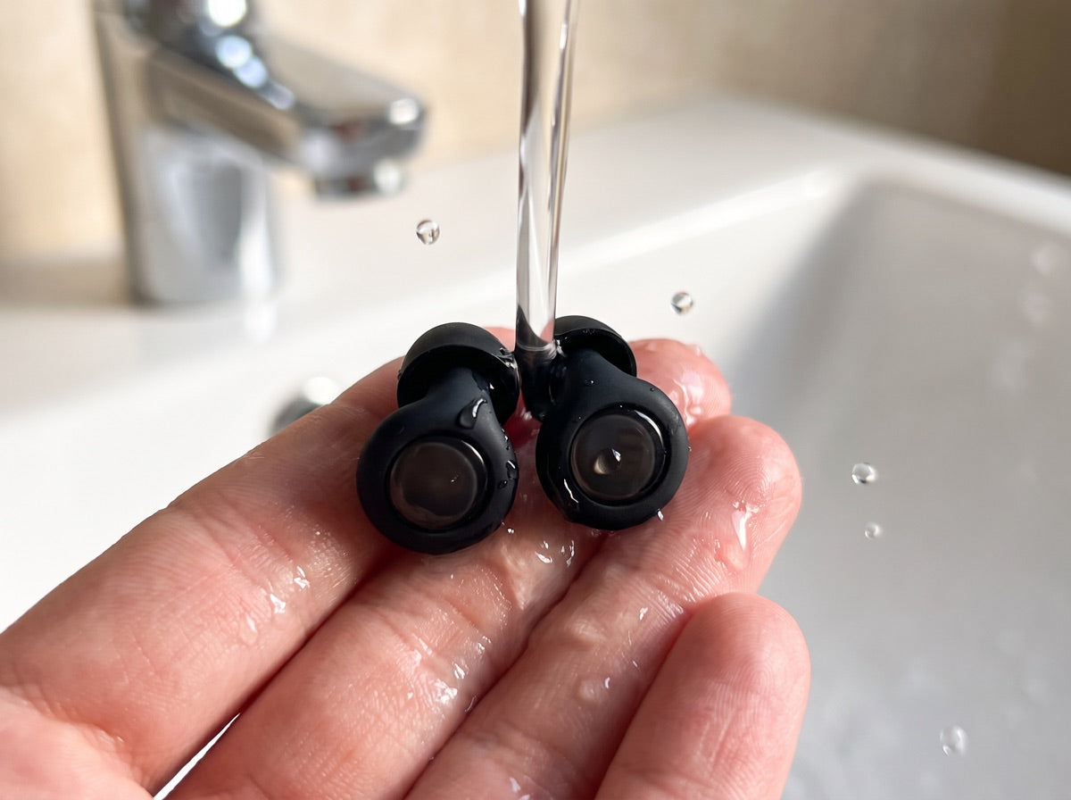 A pair of Quiet earplugs being rinsed clean under running water