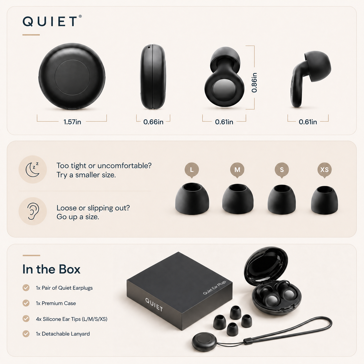 Four ear tip sizes and what comes in the Quiet box
