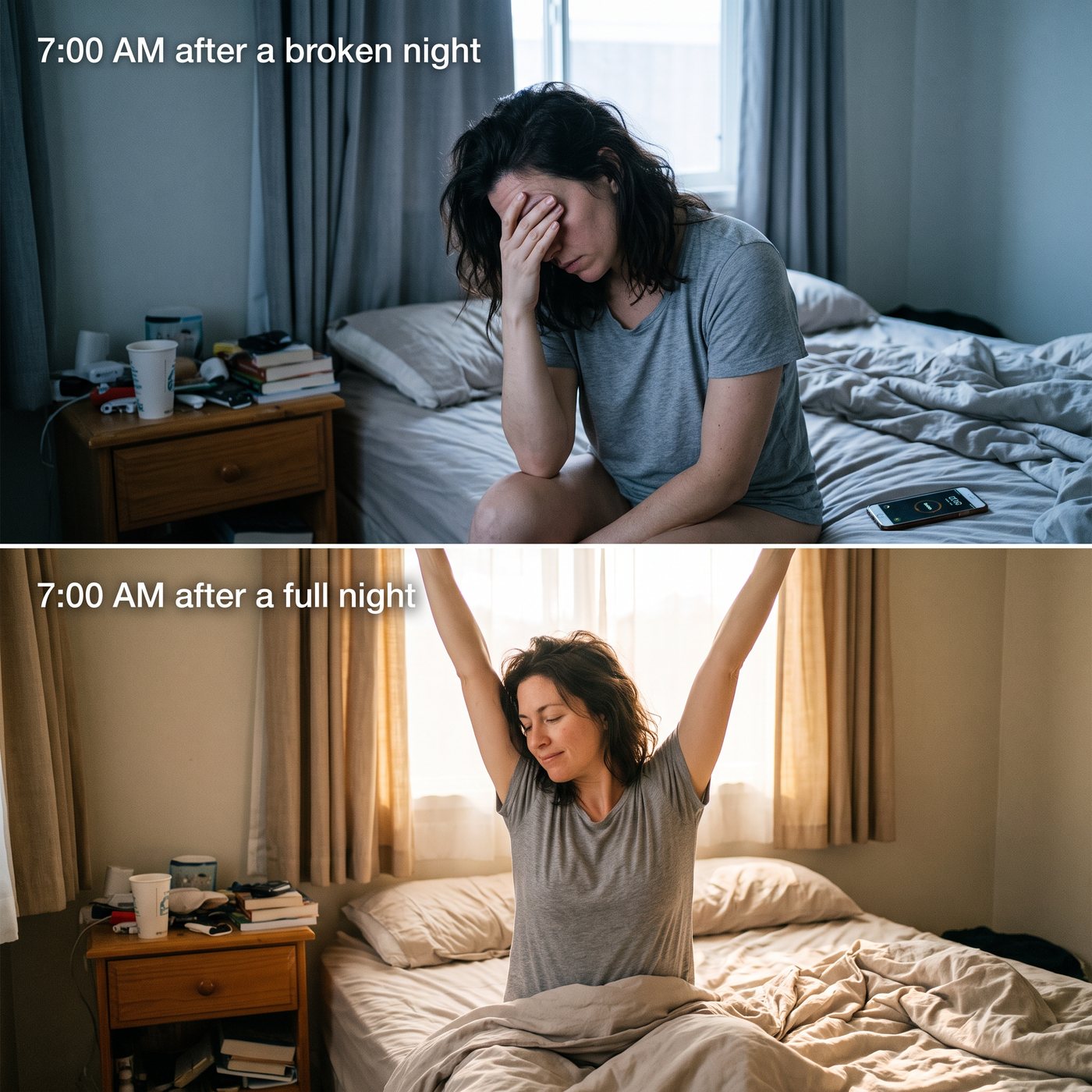 The same 7 a.m. after a broken night and after a full night