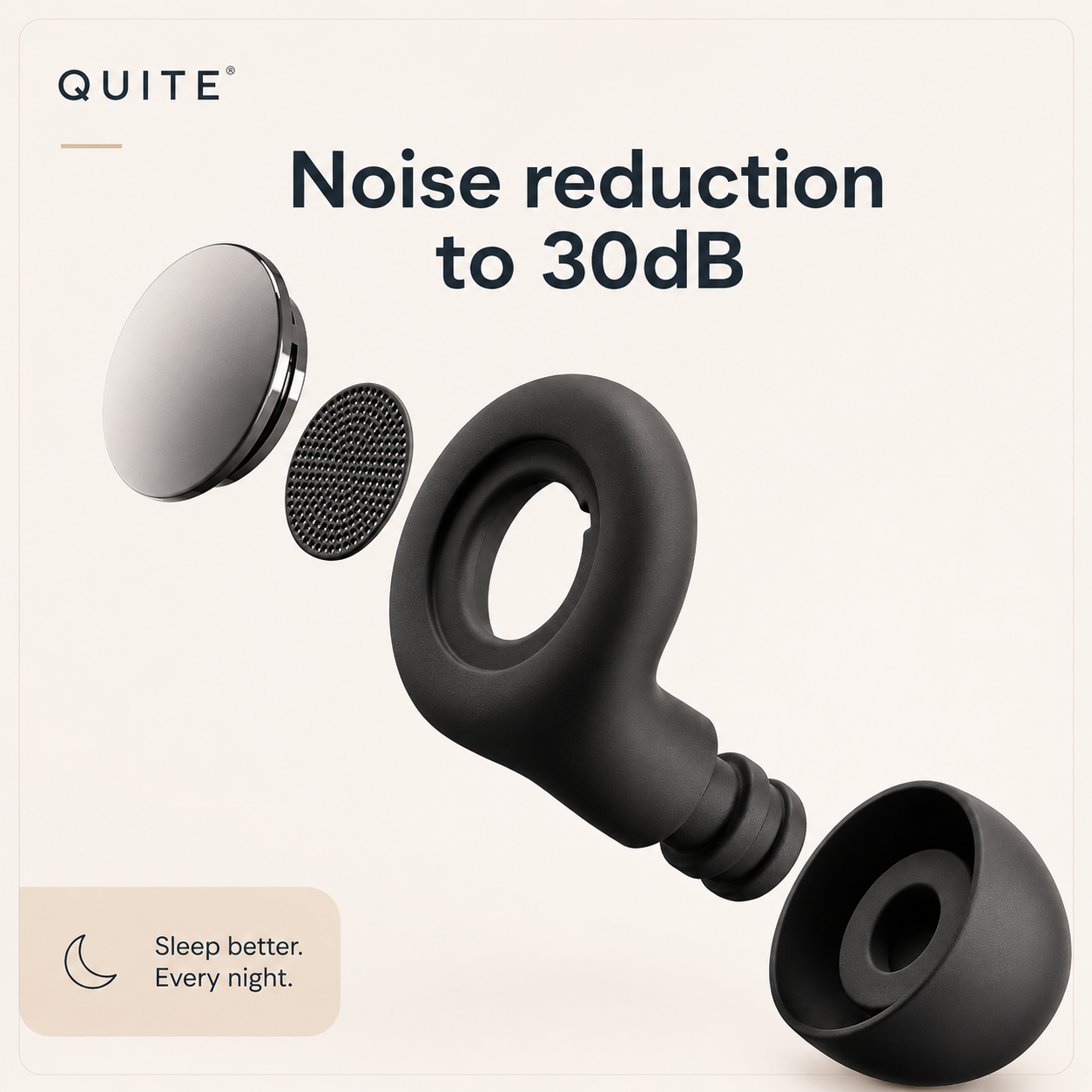 Exploded view of the Quiet earplug showing acoustic mesh filter, silicone shell, and ear tip