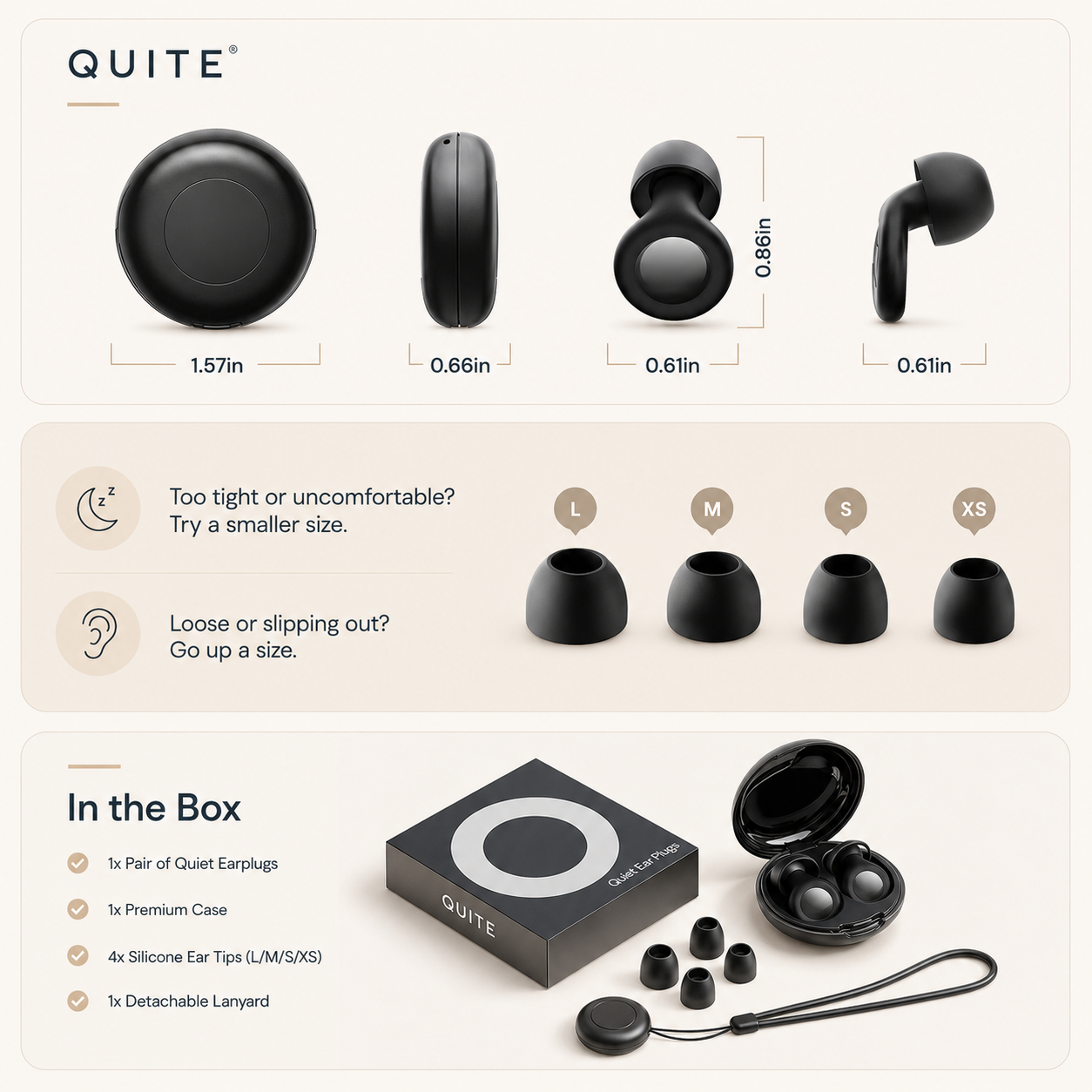 Four ear tip sizes and what comes in the Quiet box